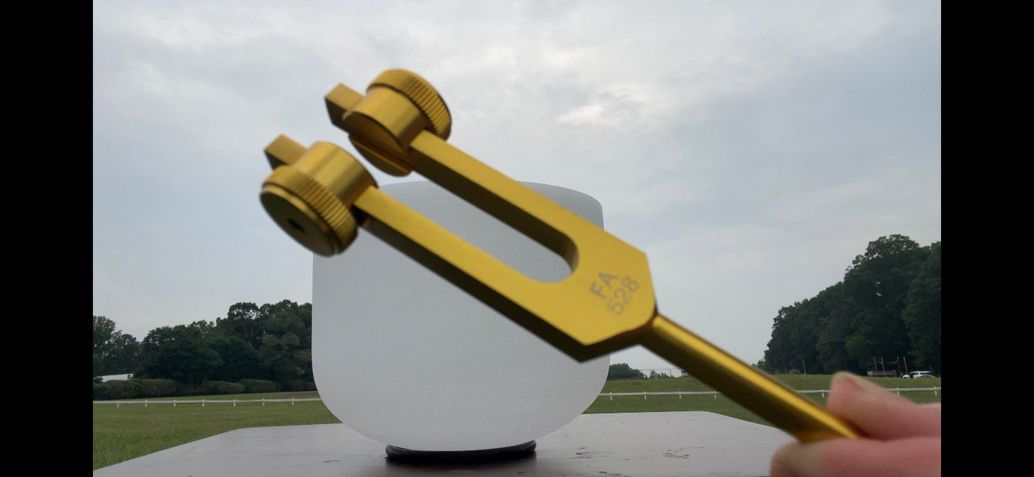 528 Hz Weighted Silver Solfeggio Tuning Fork For Vibration - Attenuator Handle Extender with 10mm Crystal