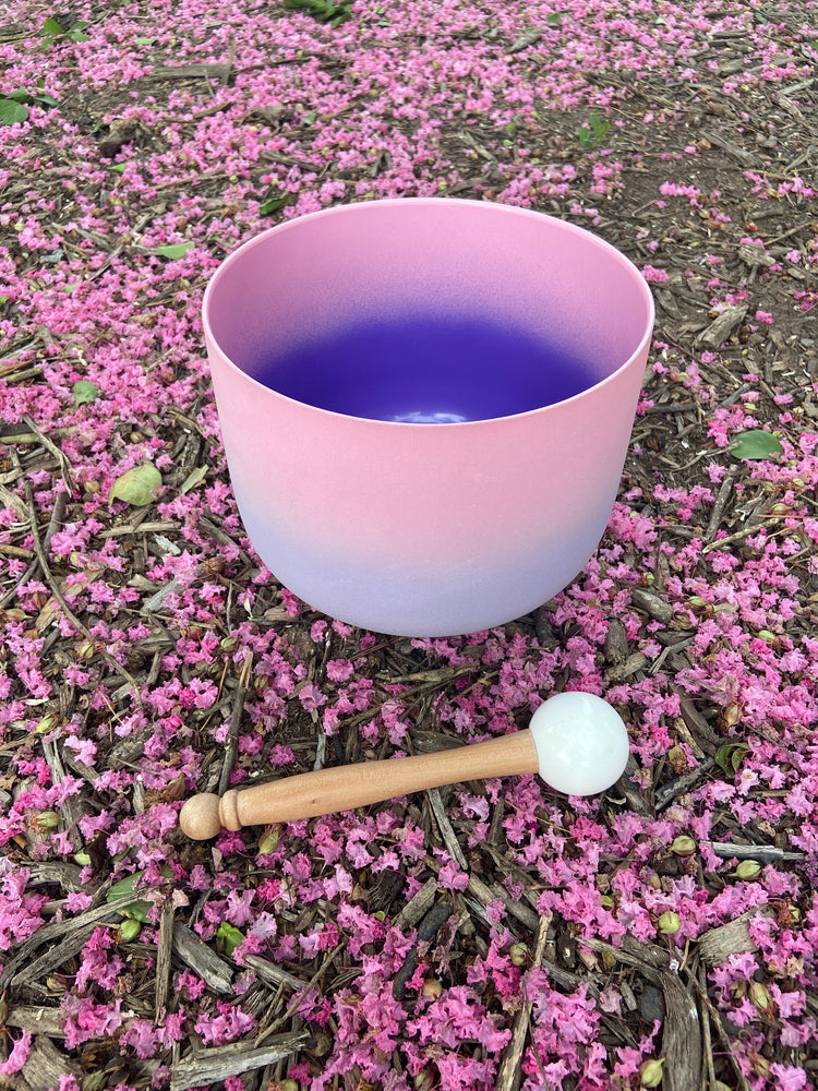 Pink Aura - Crystal Singing Bowl and Soul Purpose Tuning Fork , 432 Hz F-Note w/ Bag Bundle, 99% Quartz Crystal Bowl, Mallet, Purple Case