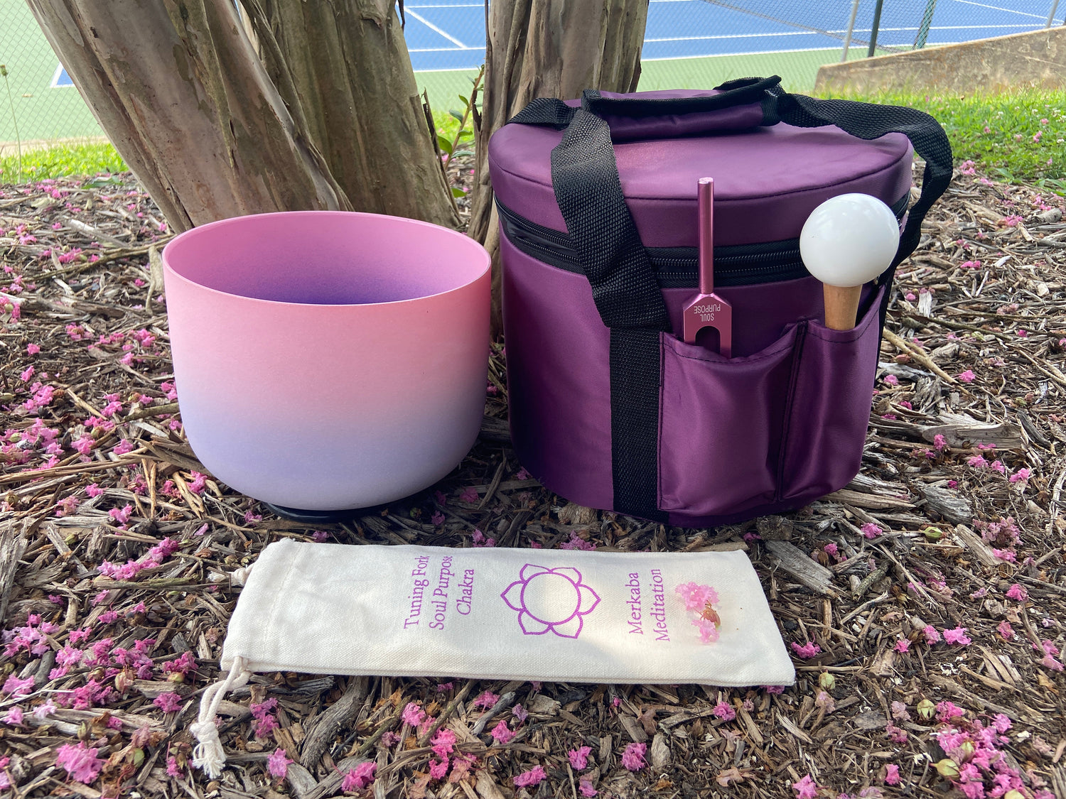 Pink Aura - Crystal Singing Bowl and Soul Purpose Tuning Fork - 432 Hz F-Note w/ Bag Bundle
