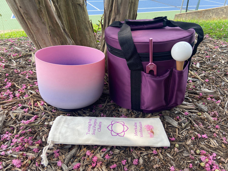 Pink Aura - Crystal Singing Bowl and Soul Purpose Tuning Fork , 432 Hz F-Note w/ Bag Bundle, 99% Quartz Crystal Bowl, Mallet, Purple Case