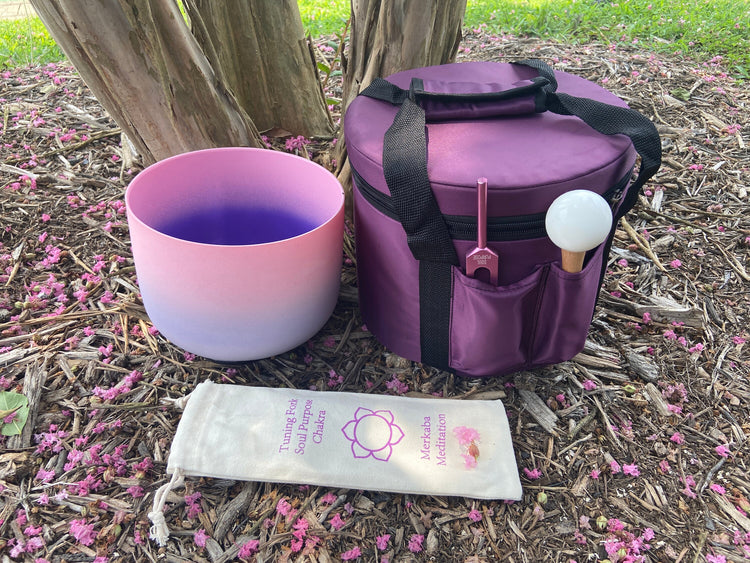 Pink Aura - Crystal Singing Bowl and Soul Purpose Tuning Fork , 432 Hz F-Note w/ Bag Bundle, 99% Quartz Crystal Bowl, Mallet, Purple Case
