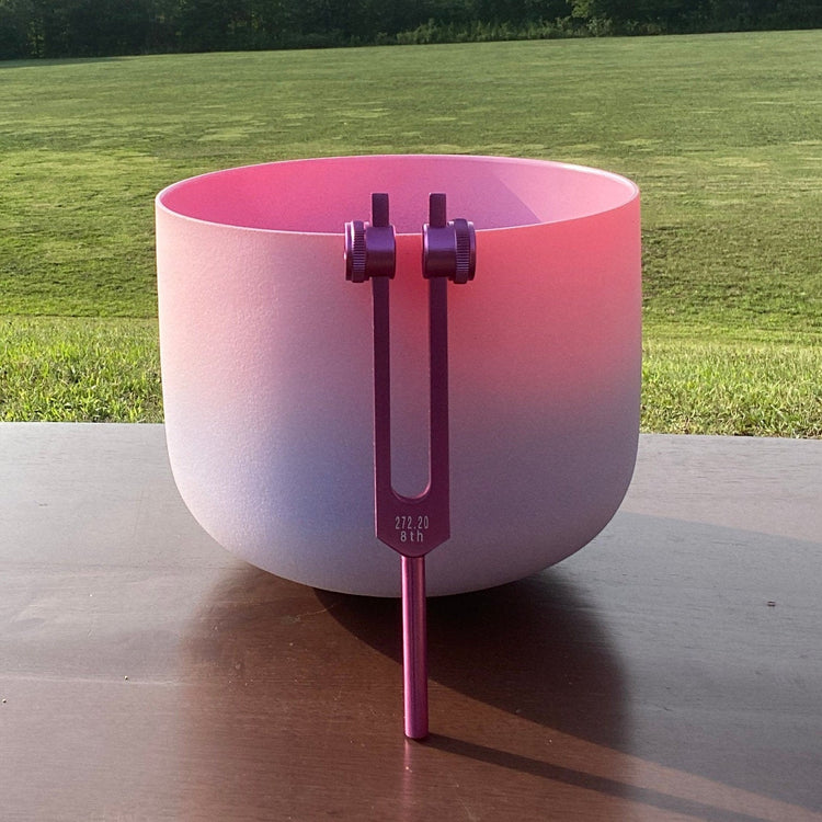 Pink Aura - Crystal Singing Bowl and Soul Purpose Tuning Fork , 432 Hz F-Note w/ Bag Bundle, 99% Quartz Crystal Bowl, Mallet, Purple Case