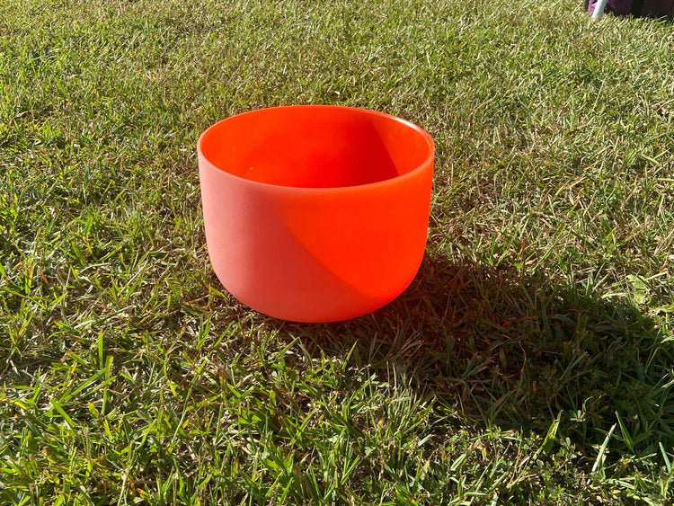 432Hz 10" Orange Frosted Sacral Chakra D Note 99.9% Quartz Crystal Singing Bowl, Suede Striker, With Padded Carry Case, 528 Hz Tuning Fork
