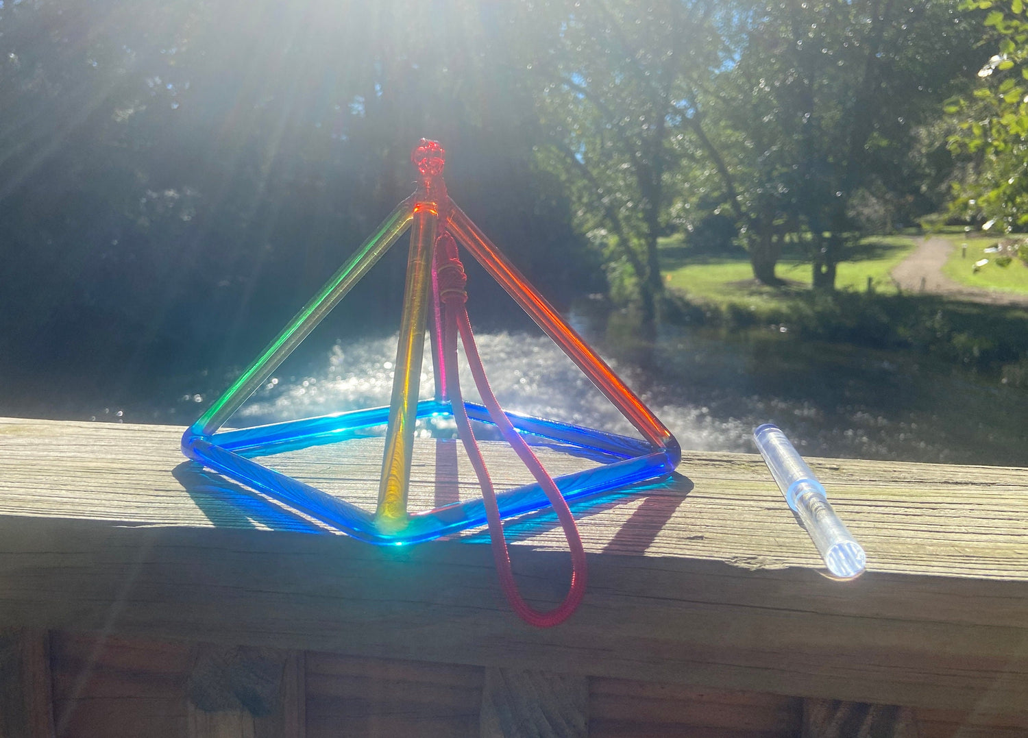 8” Rainbow Quartz Crystal Singing Pyramid Sound Vibration Musical Instrument With Crystal Striker And Padded Carry Case