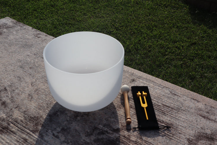 432 Hz 12" Crystal Singing C Note Bowl And Solfeggio With 528 Hz Tuning Fork - 99.99% Quartz Crystal - One Mallet, O-ring, Purple Case