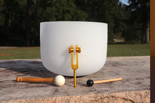 432 Hz 12" Crystal Singing C Note Bowl And Solfeggio With 528 Hz Tuning Fork - 99.99% Quartz Crystal - One Mallet, O-ring, Purple Case