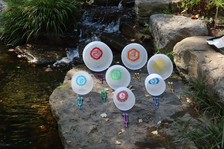 Myriad Melodies' Perfect Pitch (5 Cents) 432 Hz Chakra Symbol Singing Bowl Set - 10 Chakra Tuning Forks - 10 Crystal Attenuators - Cases
