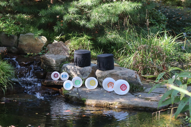 Myriad Melodies' Perfect Pitch (5 Cents) 432 Hz Chakra Symbol Singing Bowl Set - 10 Chakra Tuning Forks - 10 Crystal Attenuators - Cases