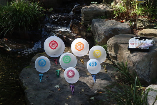Myriad Melodies' Perfect Pitch (5 Cents) 432 Hz Chakra Symbol Singing Bowl Set - 10 Chakra Tuning Forks - 10 Crystal Attenuators - Cases