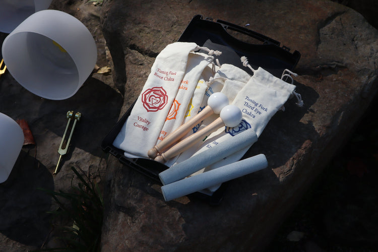 Myriad Melodies' Perfect Pitch (5 Cents) 432 Hz Chakra Symbol Singing Bowl Set - 10 Chakra Tuning Forks - 10 Crystal Attenuators - Cases