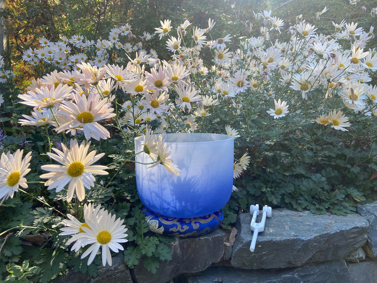 432 Hz 8” Soft Light 3rd Eye Crystal Singing Bowl with White Light 528 Hz Solfeggio Tuning Fork, Cushion, Mallet, O-Ring