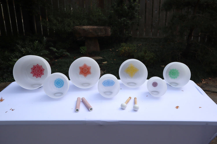 Myriad Melodies' Perfect Pitch 432 Hz Lotus Mandala Singing Bowl Set - 2 Cases 2 Mallets 2 White Suede Strikers