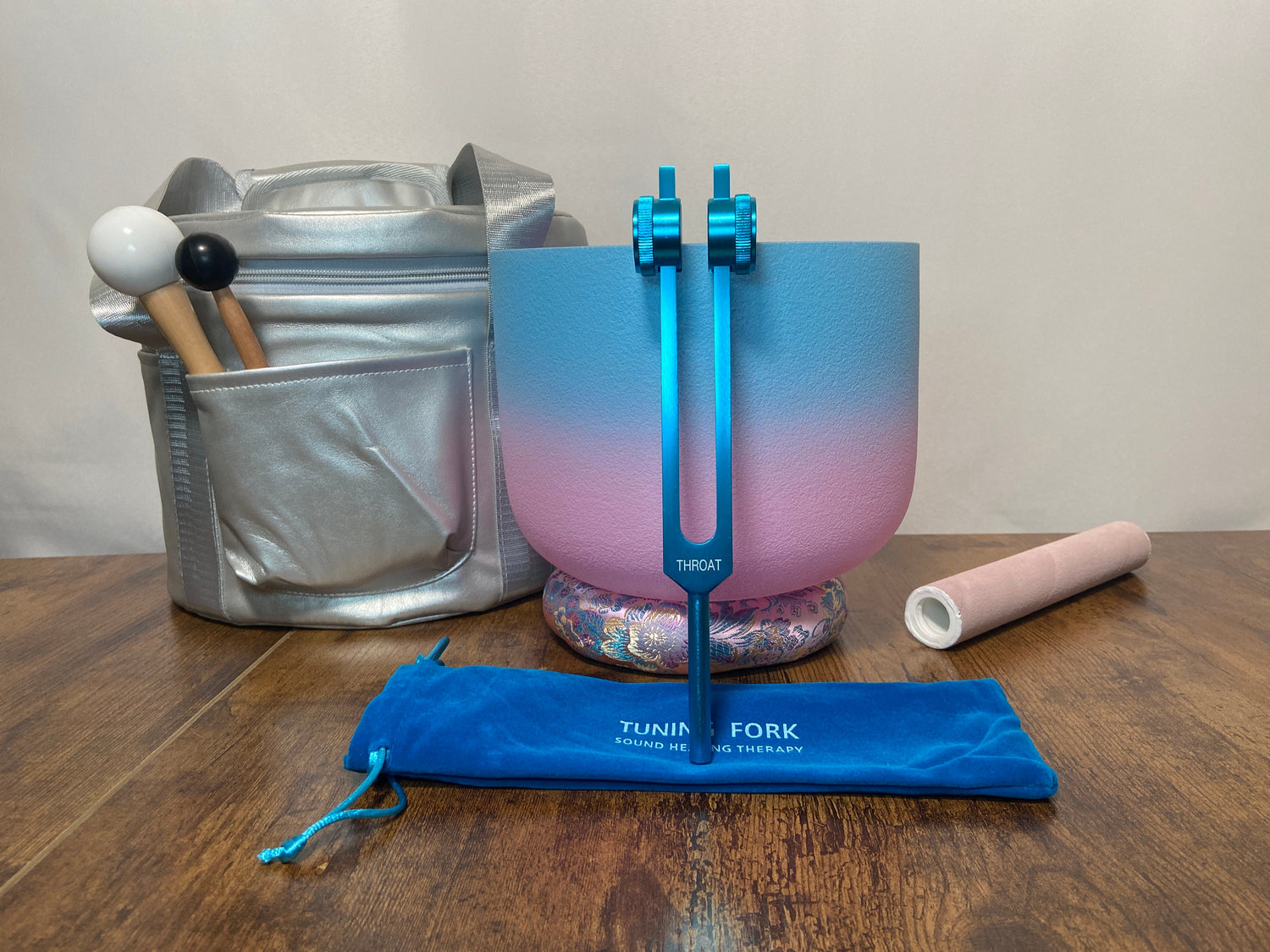 Throat Chakra Tuning Fork And High Vibrational Throat Chakra 8" Crystal Singing Bowl 432 Hz G-Note w/ Bag Bundle, Gift For Her