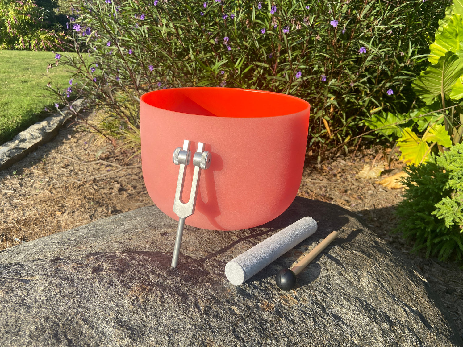 432Hz 10" Orange Frosted Sacral Chakra D Note 99.9% Quartz Crystal Singing Bowl, Suede Striker, With Padded Carry Case, 528 Hz Tuning Fork