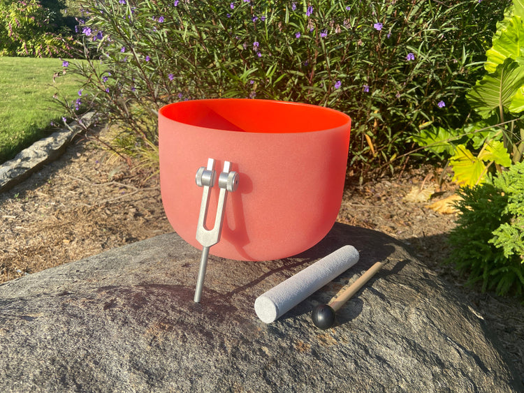 432Hz 10" Orange Frosted Sacral Chakra D Note 99.9% Quartz Crystal Singing Bowl, Suede Striker, With Padded Carry Case, 528 Hz Tuning Fork