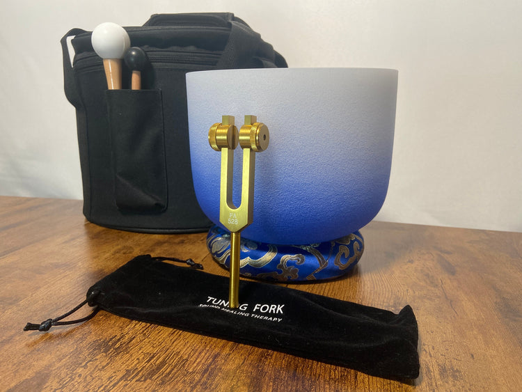 432 Hz 8” Soft Light 3rd Eye Chakra Crystal Singing Bowl with 3rd Eye Chakra Tuning Fork, Cushion, Mallet, O-Ring