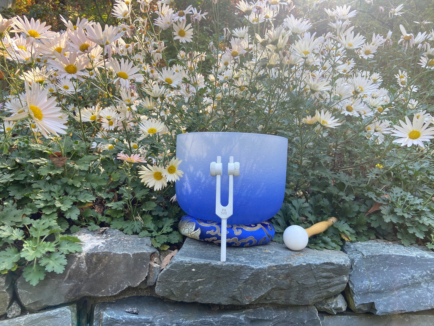 432 Hz 8” Soft Light 3rd Eye Crystal Singing Bowl with White Light 528 Hz Solfeggio Tuning Fork, Cushion, Mallet, O-Ring