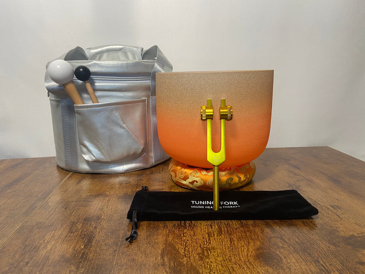 432 Hz Gold Frosted 8" Sacral D Note Quartz Crystal Singing Bowl with Solfeggio 528 Hz Weighted Tuning. Fork, Mallet, O-Ring, Carry Case