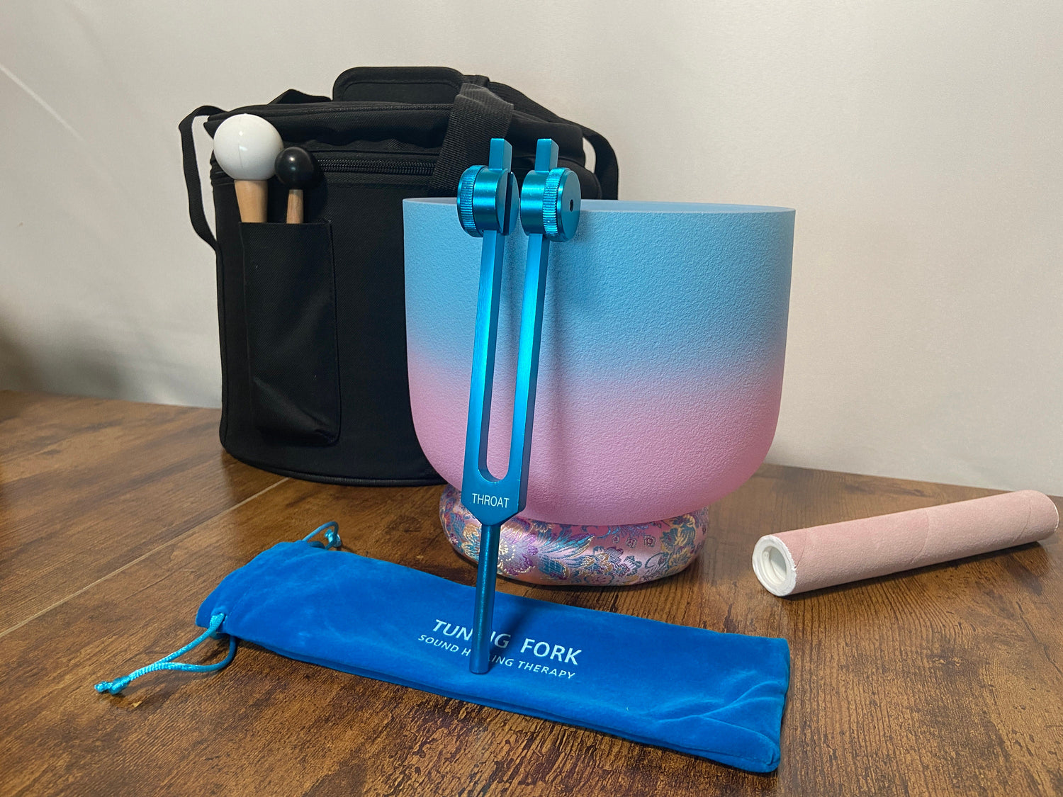 Throat Chakra Tuning Fork And High Vibrational Throat Chakra 8" Crystal Singing Bowl 432 Hz G-Note w/ Bag Bundle, Gift For Her