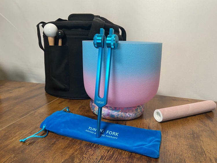 Throat Chakra Tuning Fork And High Vibrational Throat Chakra 8" Crystal Singing Bowl 432 Hz G-Note w/ Bag Bundle, Gift For Her
