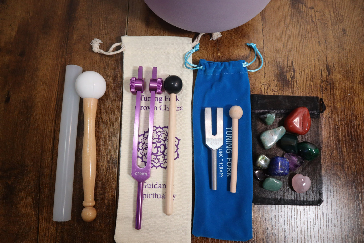 Heart Math Gemstone Mix, Crown Chakra Tuning Fork, 4096 Hz Crystal Resonator, Purple Crown Chakra 8" Bowl - 432HZ B-Note, Gift For Her