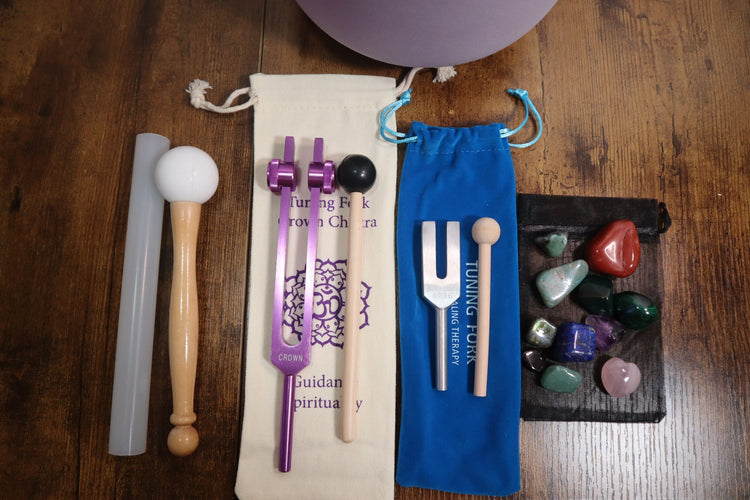 Heart Math Gemstone Mix, Crown Chakra Tuning Fork, 4096 Hz Crystal Resonator, Purple Crown Chakra 8" Bowl - 432HZ B-Note, Gift For Her