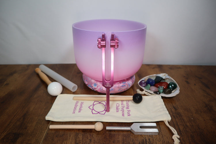 Heart Math Gemstone Mix, Crown Chakra Tuning Fork, 4096 Hz Crystal Resonator, Crown Chakra 8" Singing Bowl 432HZ B-Note, Carry Case