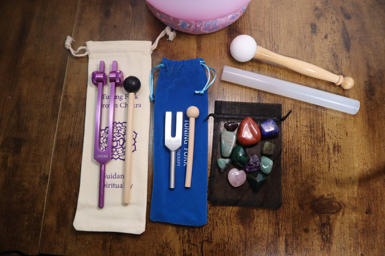 Heart Math Gemstone Mix, Crown Chakra Tuning Fork, 4096 Hz Crystal Resonator, Crown Chakra 8" Singing Bowl 432HZ B-Note, Carry Case