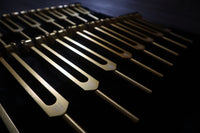 9pc Secret Solfeggio and 8pc Chakra Tuning Fork Bundle - Professionally Tuned .25 - Gold Weighted, 2 Strikers, 2 Carry Bags