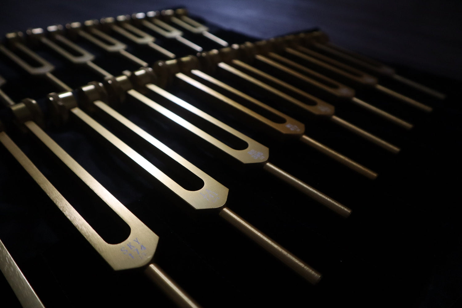 9pc Secret Solfeggio and 8pc Chakra Tuning Fork Bundle - Professionally Tuned .25 - Gold Weighted, 2 Strikers, 2 Carry Bags