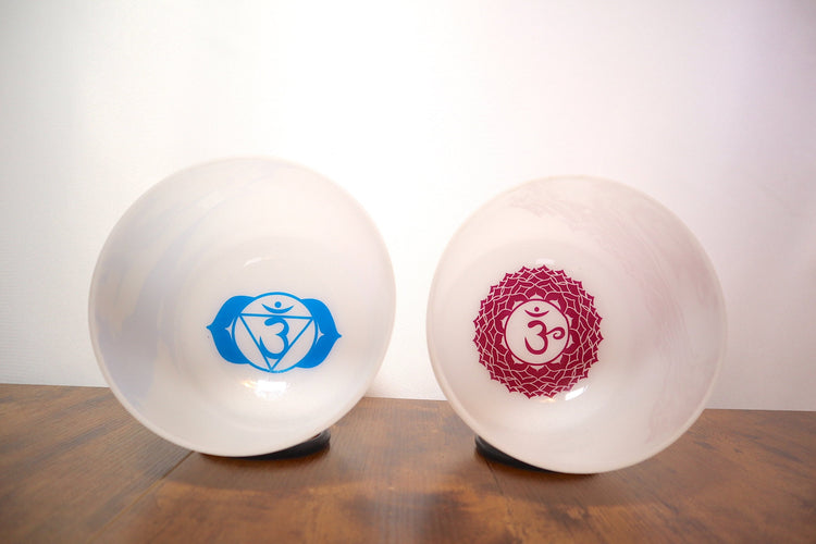 528 Hz Singing Bowl and 432 Hz Chakra Printed Bowl Bundle with Tuning Fork - 8” Bowl, 7” Bowl, Padded Carry Case, Suede Striker, and O-ring