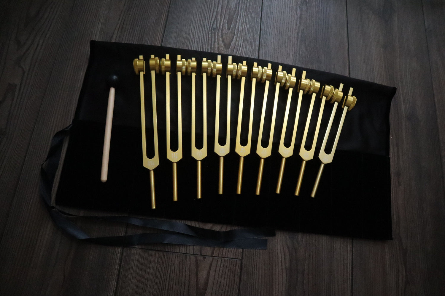 9pc Secret Solfeggio and 8pc Chakra Tuning Fork Bundle - Professionally Tuned .25 - Gold Weighted, 2 Strikers, 2 Carry Bags