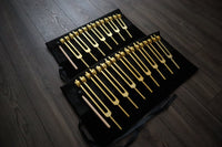 9pc Secret Solfeggio and 8pc Chakra Tuning Fork Bundle - Professionally Tuned .25 - Gold Weighted, 2 Strikers, 2 Carry Bags