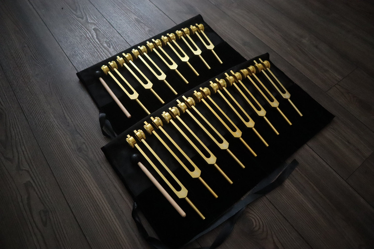 9pc Secret Solfeggio and 8pc Chakra Tuning Fork Bundle - Professionally Tuned .25 - Gold Weighted, 2 Strikers, 2 Carry Bags