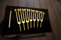 9pc Secret Solfeggio and 8pc Chakra Tuning Fork Bundle - Professionally Tuned .25 - Gold Weighted, 2 Strikers, 2 Carry Bags