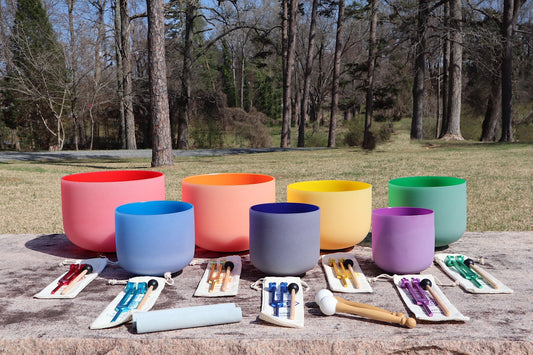 Myriad Melodies' Perfect Pitch (5 Cents) 432 Hz 6-12 Luminous Chakra Bowl Set - 10 Chakra Tuning Forks - 10 Crystal Attenuators - Cases