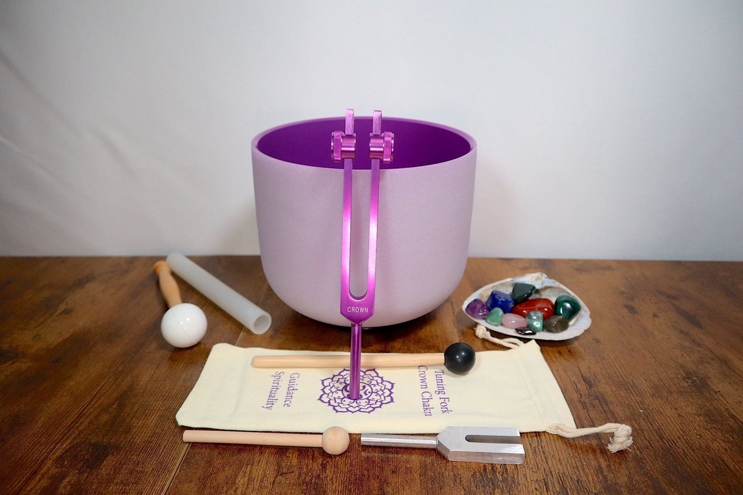 Heart Math Gemstone Mix, Crown Chakra Tuning Fork, 4096 Hz Crystal Resonator, Purple Crown Chakra 8" Bowl - 432HZ B-Note, Gift For Her