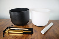 528 Hz Gravity Bowl and 432 Hz Chakra Printed Bowl - Tuning Fork - 8” Bowl, 7” Bowl, Purple Padded Carry Case, Suede Striker, and O-ring