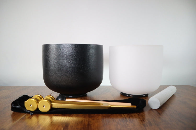 528 Hz Gravity Bowl and 432 Hz Chakra Printed Bowl - Tuning Fork - 8” Bowl, 7” Bowl, Purple Padded Carry Case, Suede Striker, and O-ring