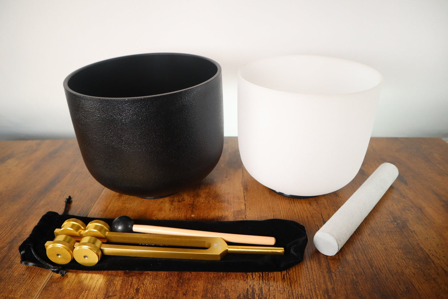 528 Hz Gravity Bowl and 432 Hz Chakra Printed Bowl - Tuning Fork - 8” Bowl, 7” Bowl, Purple Padded Carry Case, Suede Striker, and O-ring