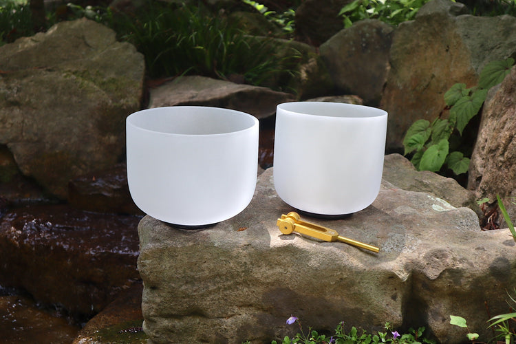 528 Hz Singing Bowl and 432 Hz Chakra Printed Bowl Bundle with Tuning Fork - 8” Bowl, 7” Bowl, Padded Carry Case, Suede Striker, and O-ring