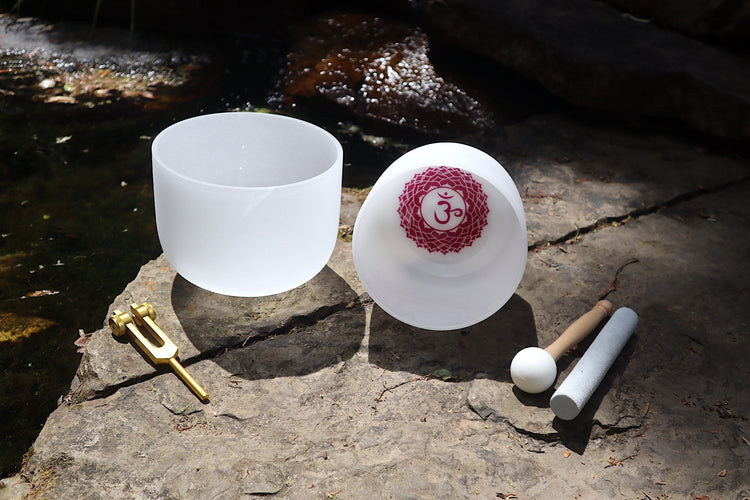 528 Hz Singing Bowl and 432 Hz Chakra Printed Bowl Bundle with Tuning Fork - 8” Bowl, 7” Bowl, Padded Carry Case, Suede Striker, and O-ring