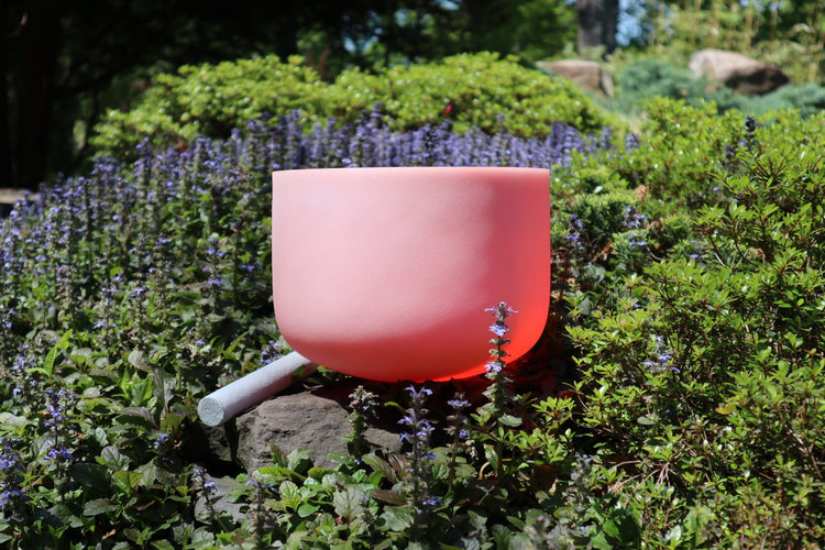 432Hz 10" Orange Frosted Sacral Chakra D Note 99.9% Quartz Crystal Singing Bowl, Suede Striker, With Padded Carry Case, 528 Hz Tuning Fork