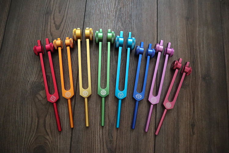 Myriad Melodies' Perfect Pitch (5 Cents) 432 Hz Chakra Light Set - 10 Chakra Tuning Forks - 10 Crystal Attenuators - Protective Cases