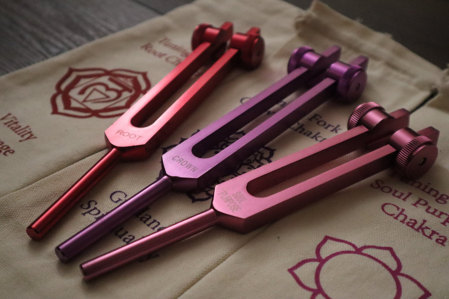 Myriad Melodies' Professionally Tuned .25 - 8pc Chakra Premium Tuning Fork Set - Chakra Engrams, Crystal Attenuator Extender, Biofield