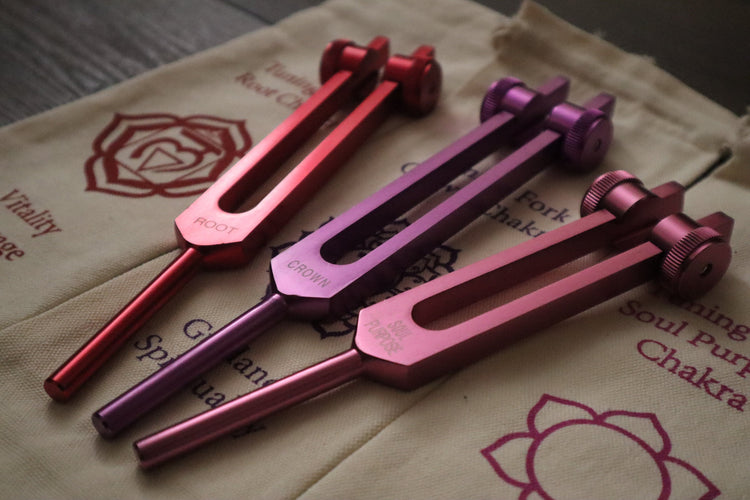 Myriad Melodies' Professionally Tuned .25 - 8pc Chakra Premium Tuning Fork Set - Chakra Engrams, Crystal Attenuator Extender, Biofield