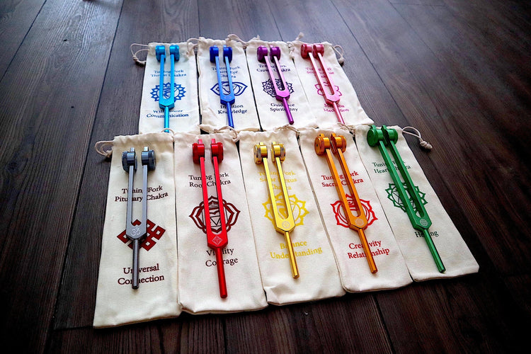 Myriad Melodies' Professionally Tuned .25 Secret Solfeggio - Classic 9pc Set - Chakra Printed Engrams, Attenuator Extenders, Weighted Boots