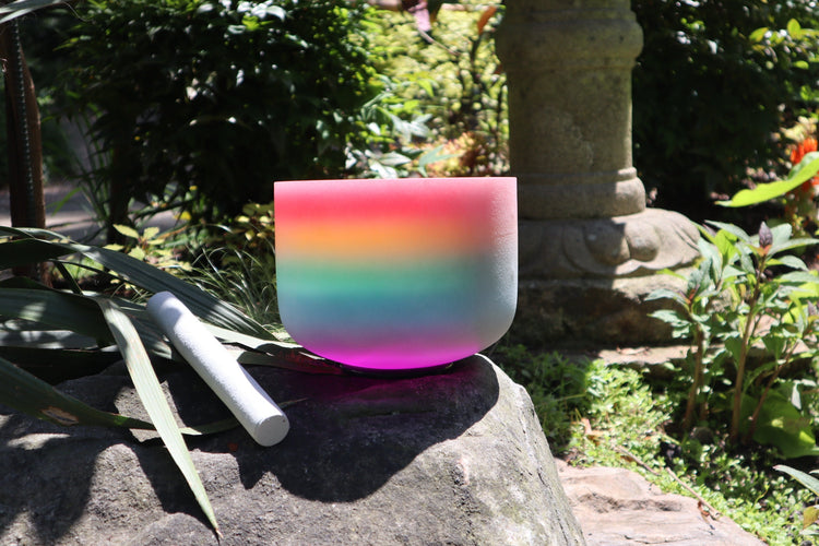 432hz Rainbow - 8” Crystal Singing Bowl And 528 Hz Solfeggio Tuning Fork - 99% Quartz Crystal, Suede Striker, With Padded Carry Case