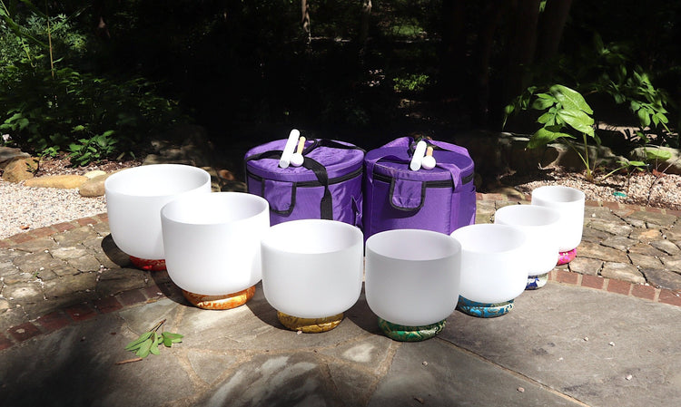 Myriad Melodies' Perfect Pitch (5 Cents) 432 Hz 6”-12" Quartz Crystal Singing Bowl 7pc Set With 2 Cases - 2 Suede Strikers, 2 Mallets