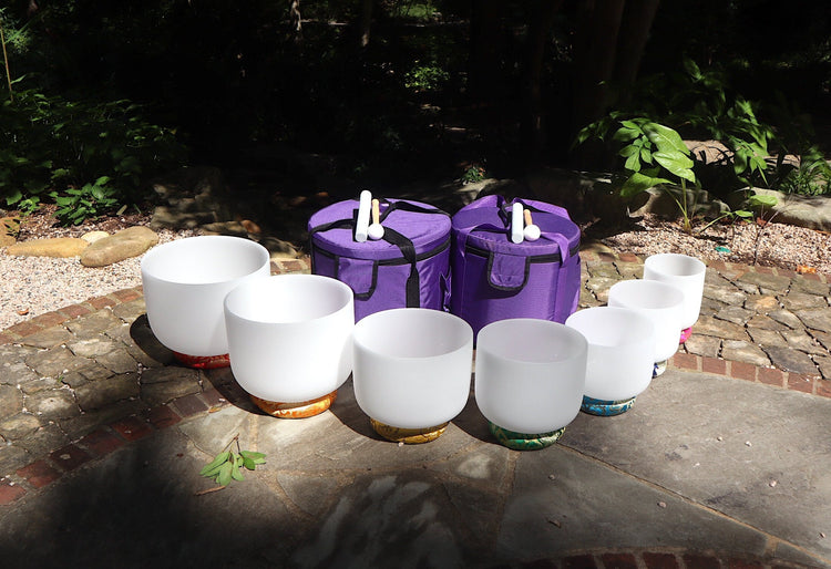 Myriad Melodies' Perfect Pitch (5 Cents) 432 Hz 6”-12" Quartz Crystal Singing Bowl 7pc Set With 2 Cases - 2 Suede Strikers, 2 Mallets